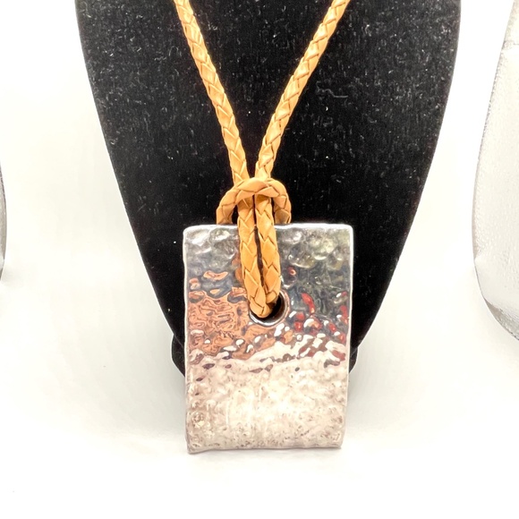 Israel Signed Modernist Style Large Silver Plate Pendant Cord Necklace - Picture 1 of 15